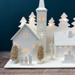 Selections Christmas Village Alpine Scene Decoration White Wooden Ornament With Leds - thumbnail 2