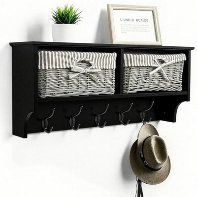Taylor & Brown Wall Mounted Coat Hooks And Shelf, 5 Double Coat Hooks, 2 Storage Baskets, Black Mdf Wooden Shelf Wall Storage Unit - image 1