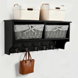 Taylor & Brown Wall Mounted Coat Hooks And Shelf, 5 Double Coat Hooks, 2 Storage Baskets, Black Mdf Wooden Shelf Wall Storage Unit - thumbnail 2