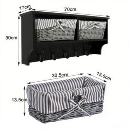 Taylor & Brown Wall Mounted Coat Hooks And Shelf, 5 Double Coat Hooks, 2 Storage Baskets, Black Mdf Wooden Shelf Wall Storage Unit - thumbnail 7
