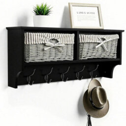 Taylor & Brown Wall Mounted Coat Hooks And Shelf, 5 Double Coat Hooks, 2 Storage Baskets, Black Mdf Wooden Shelf Wall Storage Unit - thumbnail 1