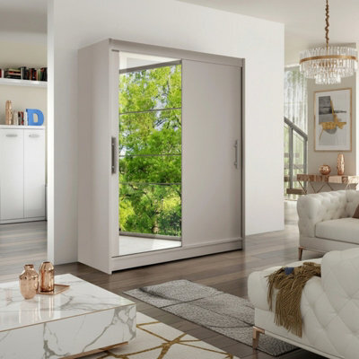 Westa Vi 150Cm Sliding Door Wardrobe With Mirror Modern Bedroom Storage With Hanging Rails And Shelves Cashmere - image 1