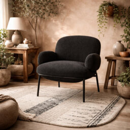 Wyld Haus Tritta Curved Black Sherpa Boucle Dining Chair With Matt Black Metal Legs