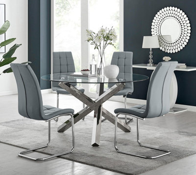 Furniturebox Uk Vogue Large Round Chrome Metal Clear Glass Dining Table And 4 Elephant Grey Murano Dining Chairs Set - image 1