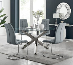 Furniturebox Uk Vogue Large Round Chrome Metal Clear Glass Dining Table And 4 Elephant Grey Murano Dining Chairs Set - thumbnail 1