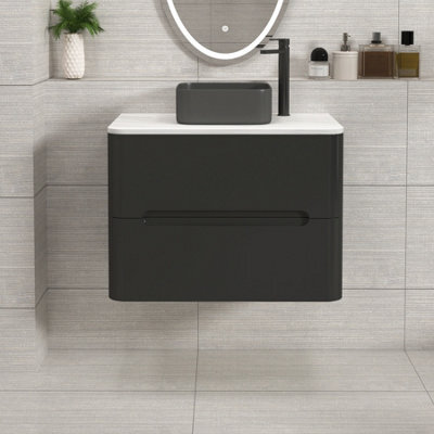 Royal Bathrooms Venice 700mm Matt Nocturne Black Wall Mounted Bathroom Countertop Vanity Unit 2 Drawer With Art Square Basin - image 1