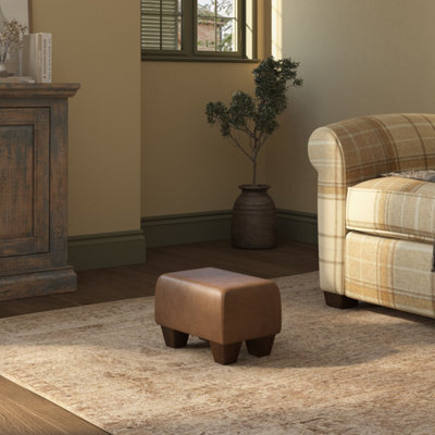 Tan Beige Mahogany Wood Chunky Legs Italian Leather Small Footstool Handmade Uk By Footstools Direct - image 1