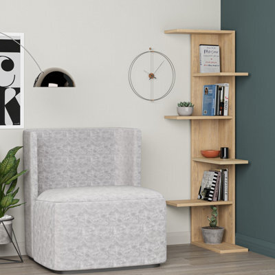 Decortie Saso Modern Corner Bookcase Display Unit 5 Tier Freestanding Oak 141Cm - image 1