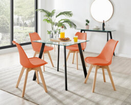 Furniturebox Seattle Scandi Inspired Glass And Black Leg Square Dining Table & 4 Orange Cushioned Stockholm Beech Wood Leg Chairs - thumbnail 1