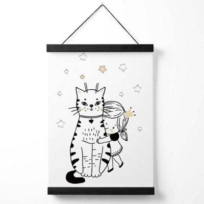 Artze Wall Art Scandi Princess Little Girl Hugging Cat Art Print With Black Frame Size: A4 - image 1