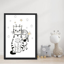 Artze Wall Art Scandi Princess Little Girl Hugging Cat Art Print With Black Frame Size: A4 - thumbnail 2