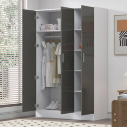 Reflect 3 Door Plain Wardrobe - Grey Gloss & Matt White - Hanging Rail & 4 Shelves- H: 180Cm X W: 113Cm X D: 47Cm - Modern Design - thumbnail 2