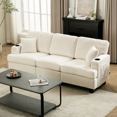 Living And Home 3-Seater White Corduroy Upholstered Sofa With Throw Pillows - image 1