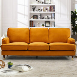 Woodbury 218Cm Wide 3 Seat Orange Velvet Fabric Sofa Walnut Colour Legs With Brass Coloured Wheel