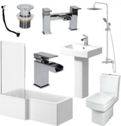 Affine Complete Bathroom Suite L Shape Left Hand 1600mm Bath Screen Toilet Basin Taps - thumbnail 1