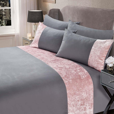 Ohs Crushed Velvet Duvet Cover With Pillow Case Set - Silver Blush, Double