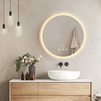 Emke Round Bathroom Led Mirror With Bluetooth, 600mm Led Illuminated Mirror With Anti-Fog, Touch, Dimmable, Clock - image 1