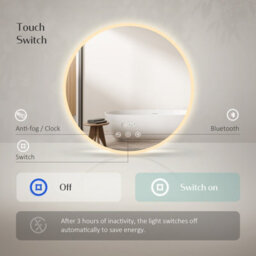 Emke Round Bathroom Led Mirror With Bluetooth, 600mm Led Illuminated Mirror With Anti-Fog, Touch, Dimmable, Clock - thumbnail 3