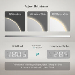 Emke Round Bathroom Led Mirror With Bluetooth, 600mm Led Illuminated Mirror With Anti-Fog, Touch, Dimmable, Clock - thumbnail 4
