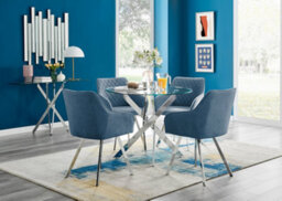 Furniturebox Uk Novara Chrome Metal Round Glass Dining Table And 4 Blue Falun Silver Leg Chairs