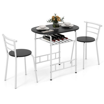 Black 3 Pcs Wood Grain Dining Table Set Kitchen Table And Chairs With Extra Wine Rack - image 1