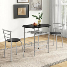 Black 3 Pcs Wood Grain Dining Table Set Kitchen Table And Chairs With Extra Wine Rack - thumbnail 3
