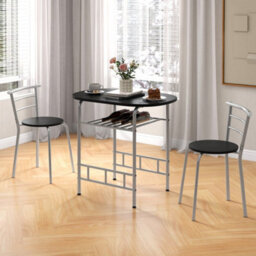 Black 3 Pcs Wood Grain Dining Table Set Kitchen Table And Chairs With Extra Wine Rack - thumbnail 4