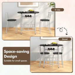 Black 3 Pcs Wood Grain Dining Table Set Kitchen Table And Chairs With Extra Wine Rack - thumbnail 5