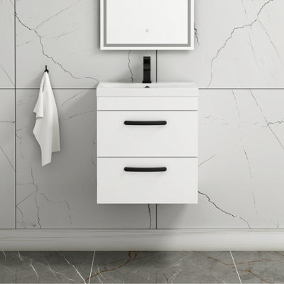 Royal Bathrooms Turin Gloss White 500mm Wall Hung Vanity Unit 2 Drawer With Mid-Edge Basin Sink & Matt Black Handles - image 1