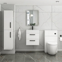 Royal Bathrooms Turin Gloss White 500mm Wall Hung Vanity Unit 2 Drawer With Mid-Edge Basin Sink & Matt Black Handles - thumbnail 2