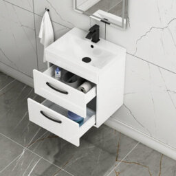 Royal Bathrooms Turin Gloss White 500mm Wall Hung Vanity Unit 2 Drawer With Mid-Edge Basin Sink & Matt Black Handles - thumbnail 3