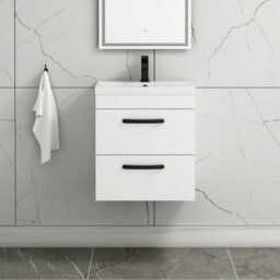 Royal Bathrooms Turin Gloss White 500mm Wall Hung Vanity Unit 2 Drawer With Mid-Edge Basin Sink & Matt Black Handles - thumbnail 1