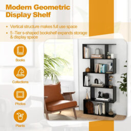 Costway 5-Tier Bookcase Anti-Toppling S-Shaped Bookshelf Wooden Storage Display Rack - thumbnail 7