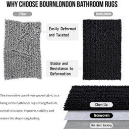 Ameha Black Chenille Mat 50X80Cm, Extra Soft, Non-Slip, Absorbent Bath Rug & Doormat - thumbnail 3