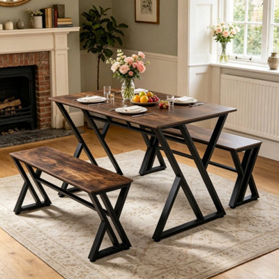 Industrial Wooden Dining Table And Bench Set 4 Seater Kitchen Home Furniture - image 1