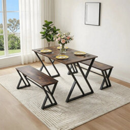 Industrial Wooden Dining Table And Bench Set 4 Seater Kitchen Home Furniture - thumbnail 5