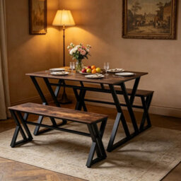 Industrial Wooden Dining Table And Bench Set 4 Seater Kitchen Home Furniture - thumbnail 3