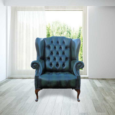 Chesterfield High Back Wing Chair Buttoned Seat Antique Green Leather In Mallory Style - image 1