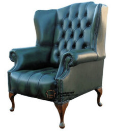 Chesterfield High Back Wing Chair Buttoned Seat Antique Green Leather In Mallory Style - thumbnail 3