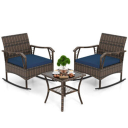 Costway 3 Pieces Rocking Bistro Set Outdoor Pe Wicker Conversation Set With Cushions - thumbnail 2