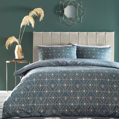Furn. Bee Deco Geometric Reversible Duvet Cover Set, Super King, Blue - image 1