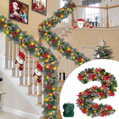 Amorly 9Ft Pre Lit Christmas Garland With 50 Warm Led, 8 Lighting Modes, Timer, Decorated With Pine Cones Red Berries For Xmas Home Gift - image 1