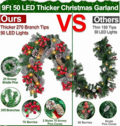 Amorly 9Ft Pre Lit Christmas Garland With 50 Warm Led, 8 Lighting Modes, Timer, Decorated With Pine Cones Red Berries For Xmas Home Gift - thumbnail 2
