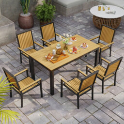 Wyld Haus Rido 6-Seater Natural Wood-Effect And Black Metal Garden Dining Set With Stackable Chairs - thumbnail 7
