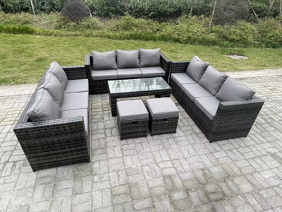 Fimous Outdoor Rattan Garden Furniture Lounge Sofa Set With Oblong Rectagular Coffee Table 2 Stools - image 1