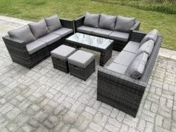 Fimous Outdoor Rattan Garden Furniture Lounge Sofa Set With Oblong Rectagular Coffee Table 2 Stools - thumbnail 2