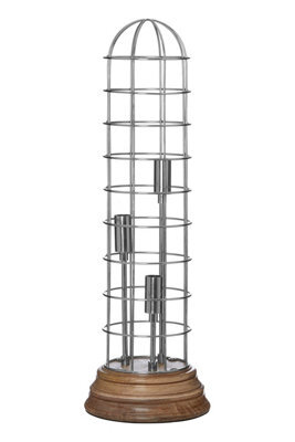 Orsina Large Industrial Table Lamp, Natural Wood Base With Visible Grain, Silver Dome Cage & Exposed Bulb Holder - image 1