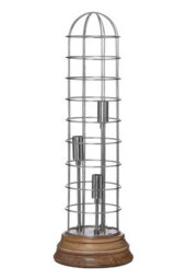 Orsina Large Industrial Table Lamp, Natural Wood Base With Visible Grain, Silver Dome Cage & Exposed Bulb Holder