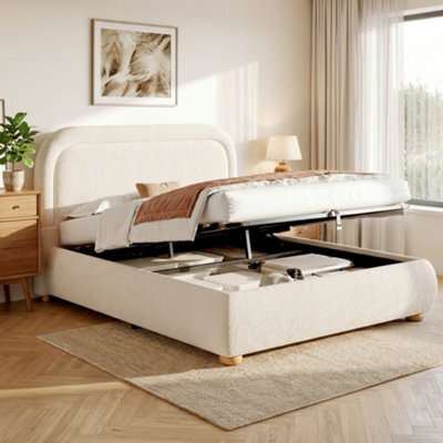 Modernluxe 5Ft King Bed, Ottoman Bed, (150 X 200 Cm), With Deep Curved Headboard & Reinforced Slatted Base, Beige, Bouclé - image 1