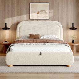 Modernluxe 5Ft King Bed, Ottoman Bed, (150 X 200 Cm), With Deep Curved Headboard & Reinforced Slatted Base, Beige, Bouclé - thumbnail 2